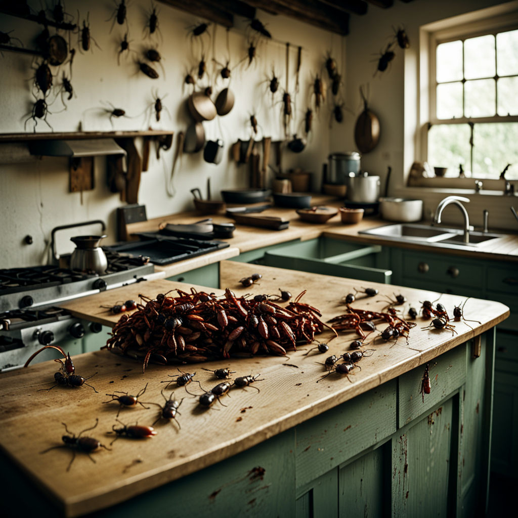 portrait photo of an old kitchen in which there are large cockroaches dressed as people and small people the size of cockroaches are running around on the floor a cockroach standing on