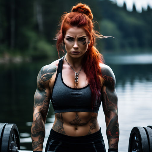 red hair woman with big muscle arm lifting a heavy rock - Playground