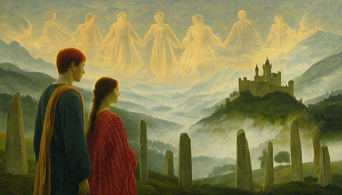Mystical Landscape with Figures and Ethereal Castle Virtual Background