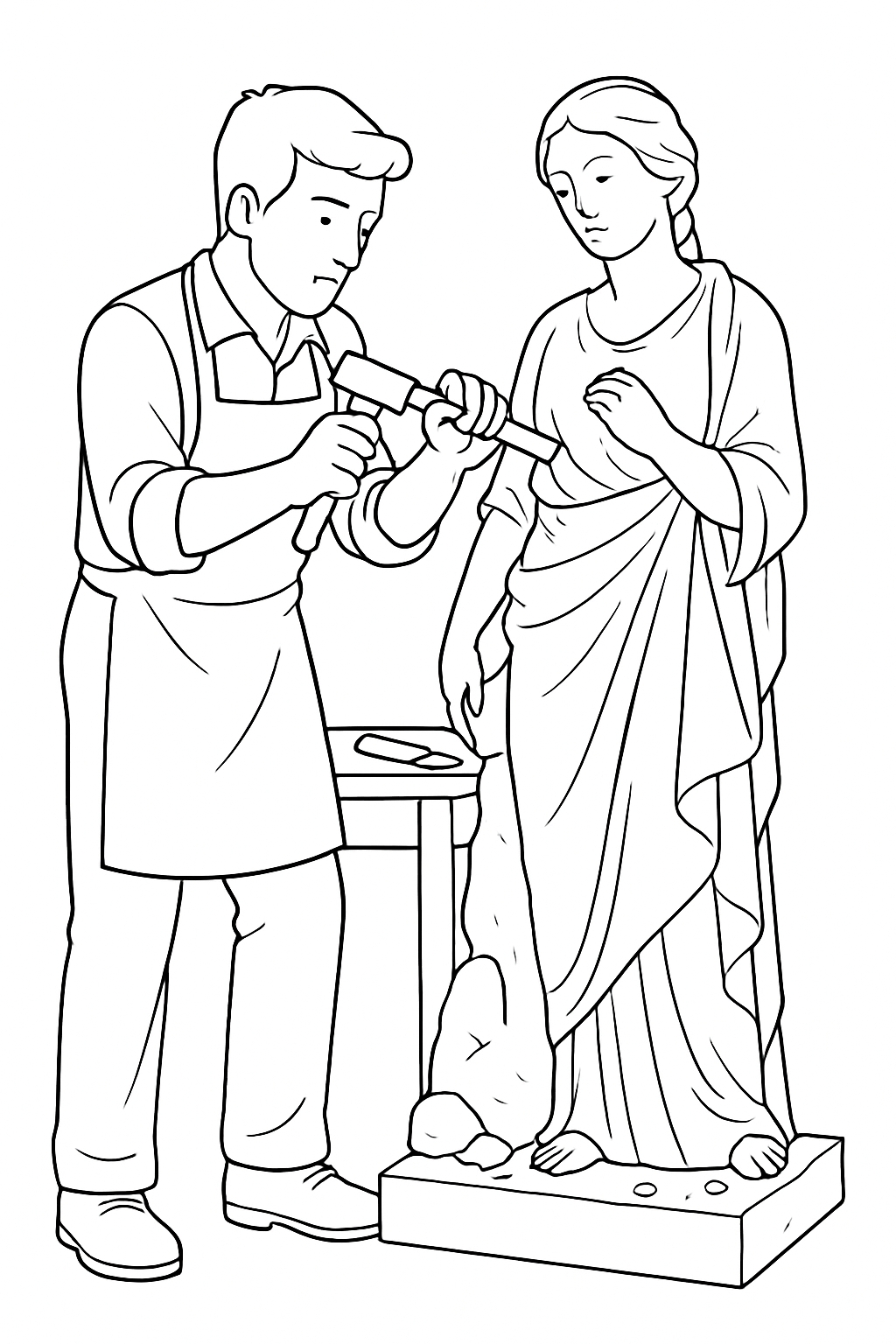 Sculptor Creating Classical Statue Black and White Line Art Coloring Book Pages
