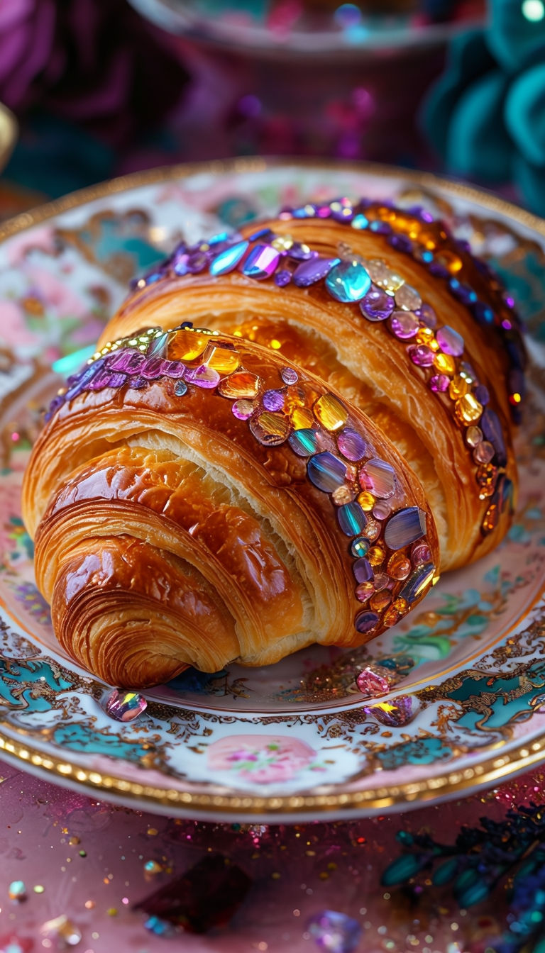 Luxurious Iridescent Crystal Croissant on Ornate Plate Art