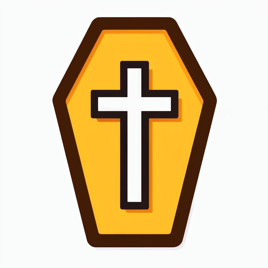 Coffin Icon with White Cross in Cartoon Style Sticker