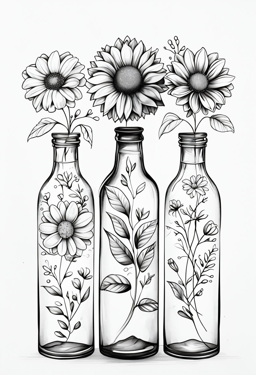 Elegant Black-and-White Floral Bottles Line Art Poster