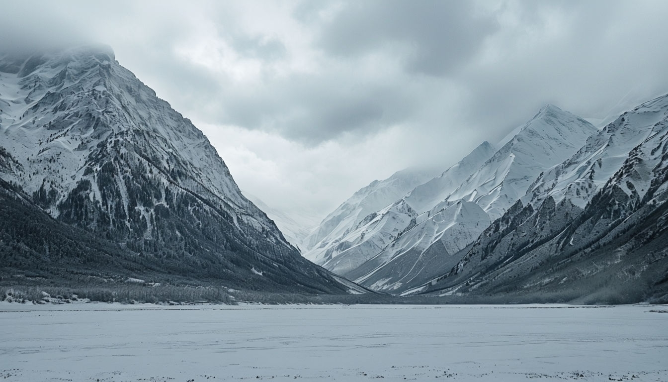 Serene Snow-Covered Valley Between Majestic Mountains Background