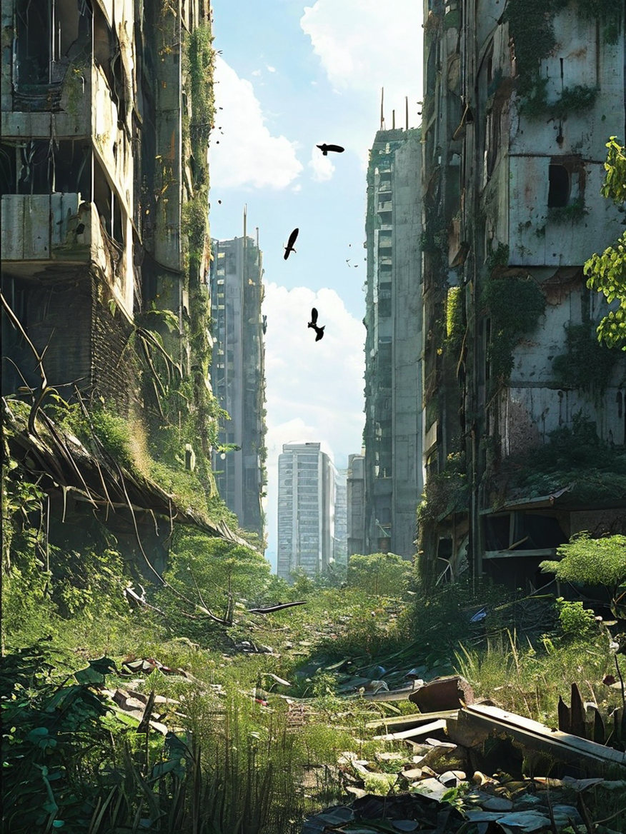 Depict a post-apocalyptic scene where nature has retaken sup... by Andy ...