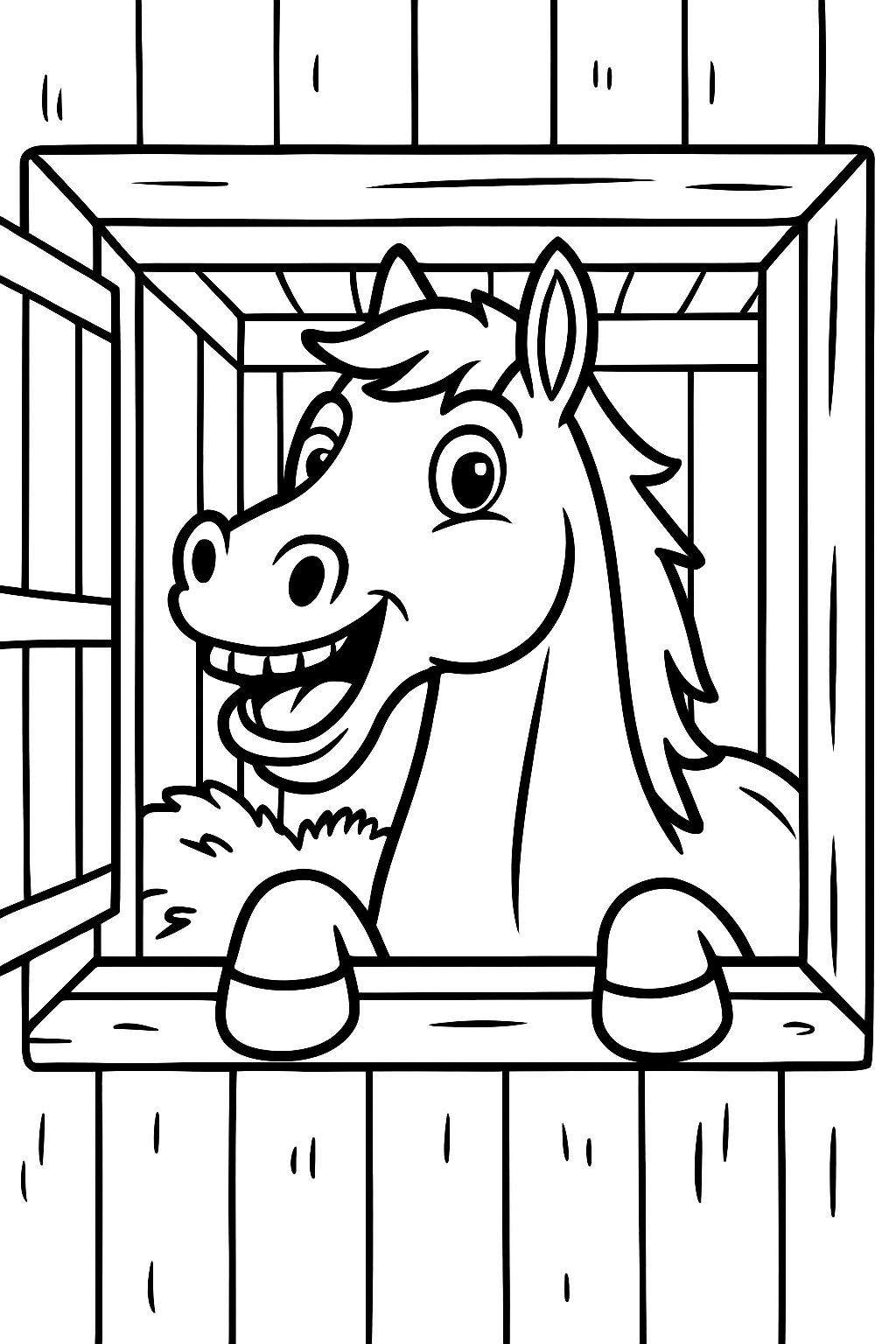 Cheerful Cartoon Horse in Barn Stable Coloring Book Pages