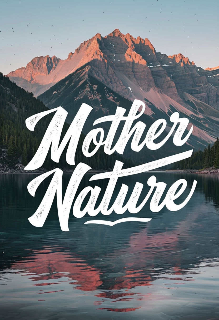 Serene Lake Reflection with 'Mother Nature' Text Poster