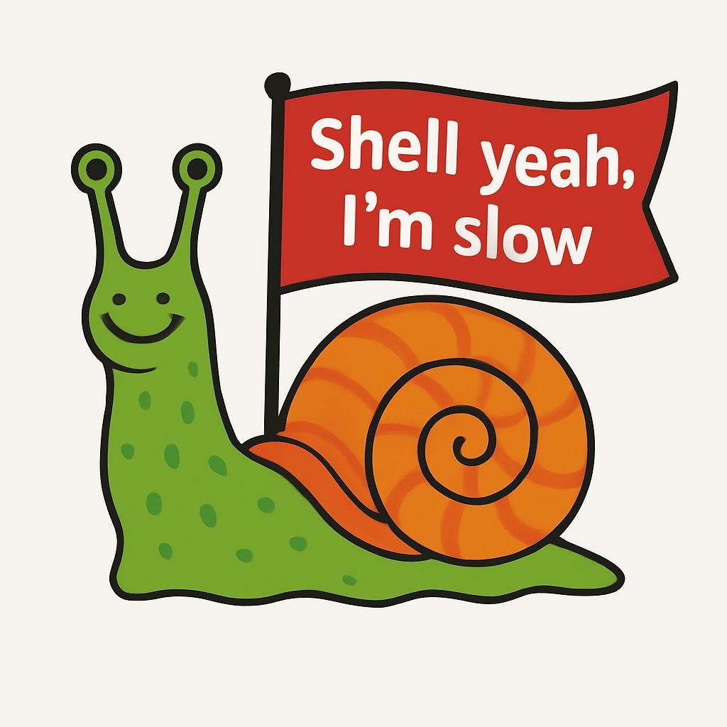 Cheerful Cartoon Snail with Flag and Playful Text Sticker