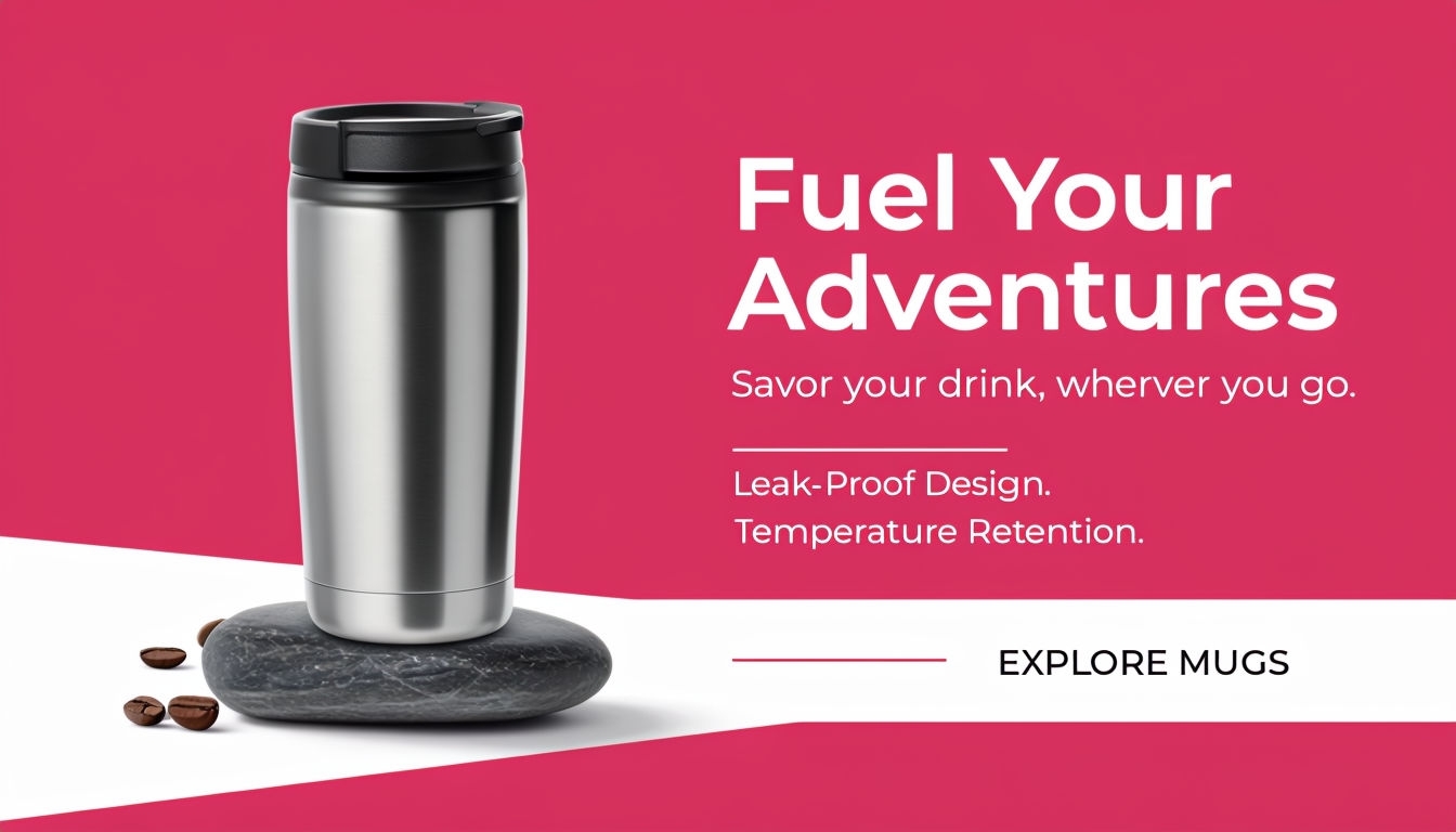 Crimson Red Travel Mug Advertisement with Coffee Beans Ads