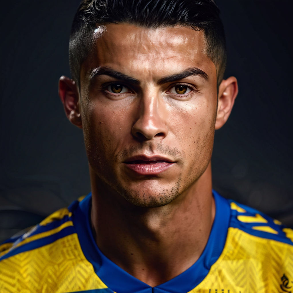 Close-up portrait of Cristiano Ronaldo, wearing the Al Nassr football kit, focus on intricate fabric texture, intensity in eyes capturing his competitive spirit, Kit sponsored by team name Al Nassr visible, high contrast, depth of field used to blur the background, showcasing the athlete dominates the frame, intense spotlight effect, dramatic lighting, ultra fine details, digital painting.