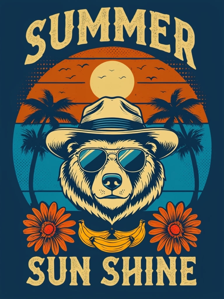 Vintage Bear Head with Sunglasses Beach Summer T-Shirt