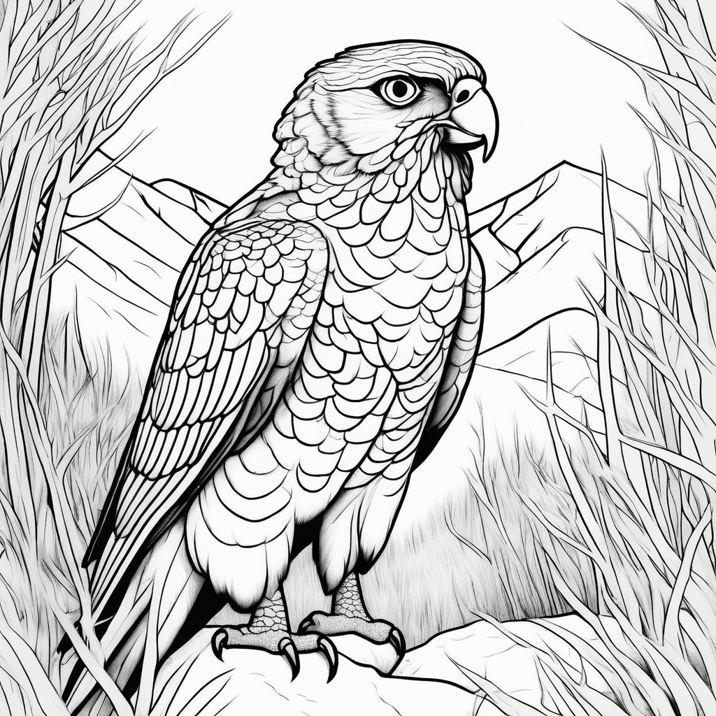 Kea. coloring page style. In the bush on the ground. Black a... by ...