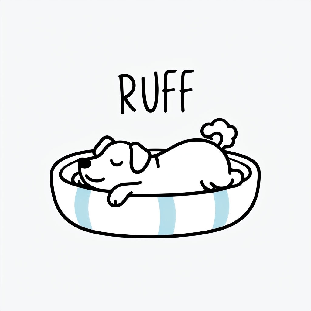Relaxed Cartoon Dog in Bed with RUFF Text Minimalist Sticker