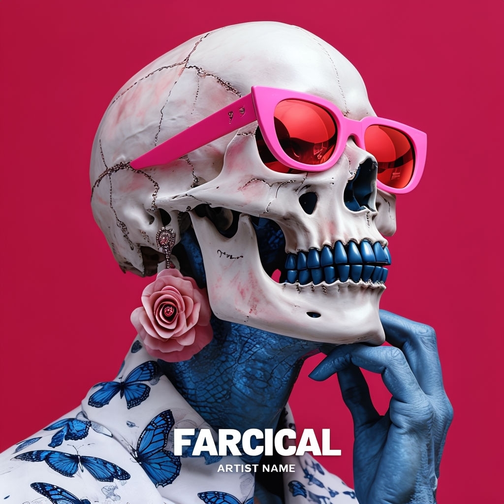 Surreal Skeleton Mask with Pink Sunglasses and Rose Earring Spotify Album Cover