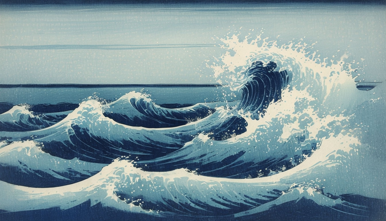 Dynamic Japanese Seascape Woodblock Print Virtual Background