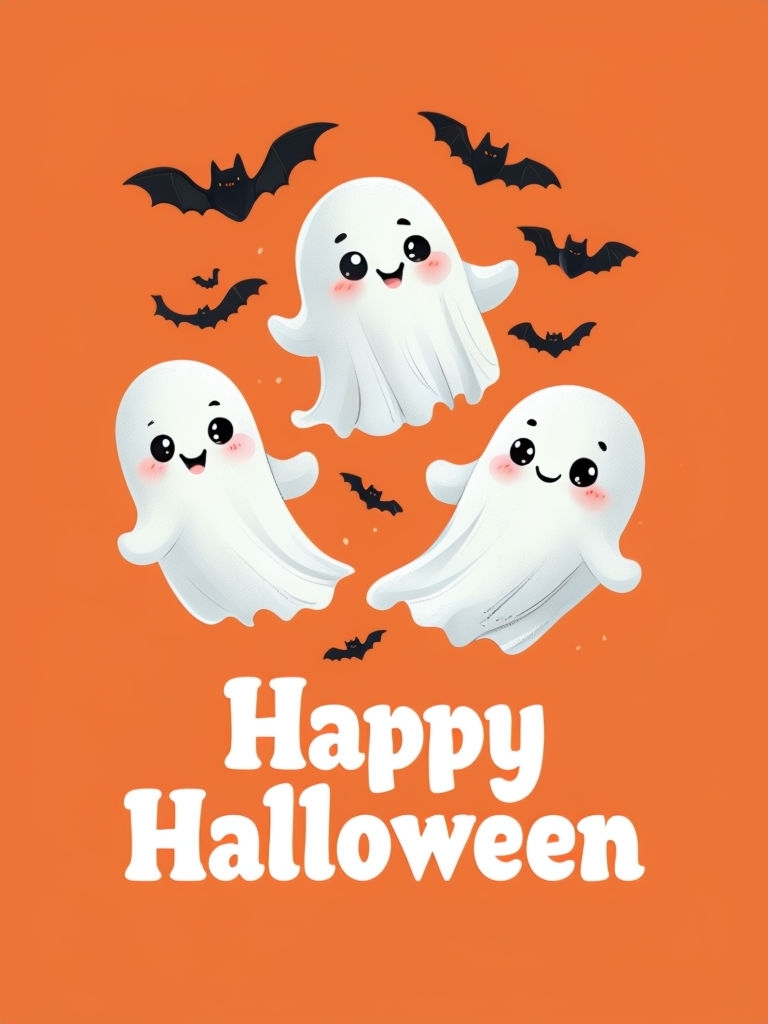 Adorable Cartoon Halloween Ghosts with Bats and Text Poster