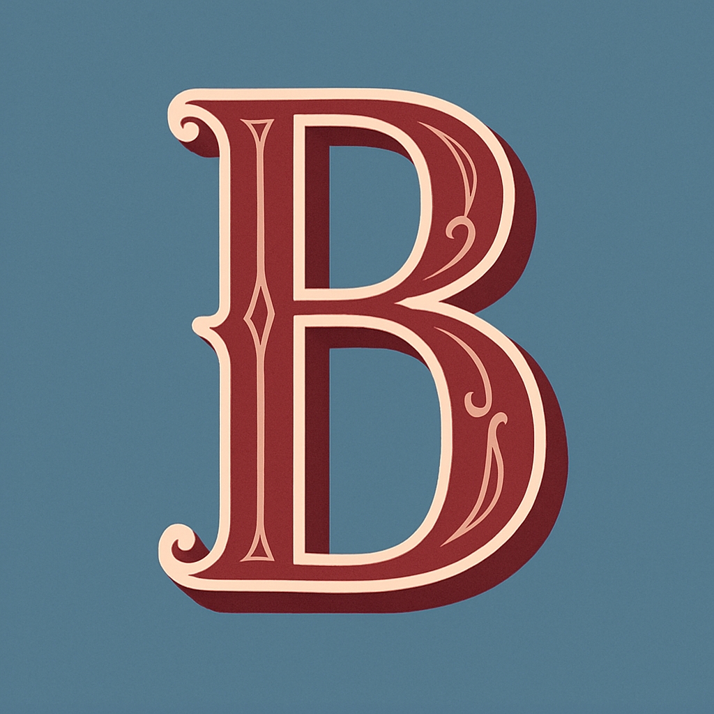 Ornate Maroon Letter B Illustration on Sky Blue Background Monogram