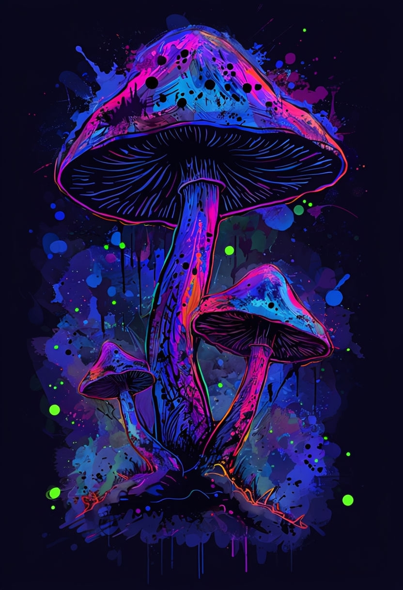 Vibrant Neon Mushrooms Digital Art with Surreal Elements Poster