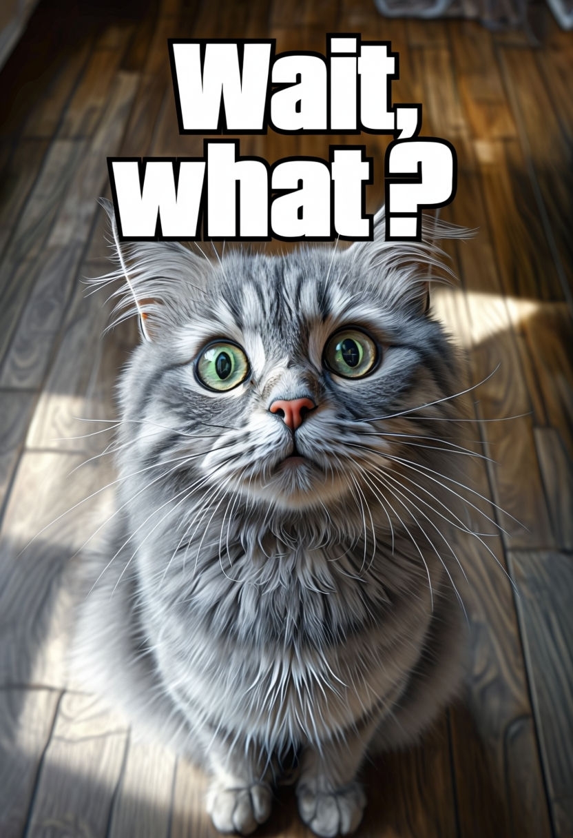Surprised Cat with Bold "Wait, what?" Text Meme Illustration