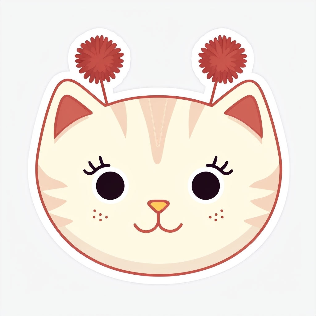 Playful Cartoon Cat Face Illustration with Cute Pom-Poms Sticker