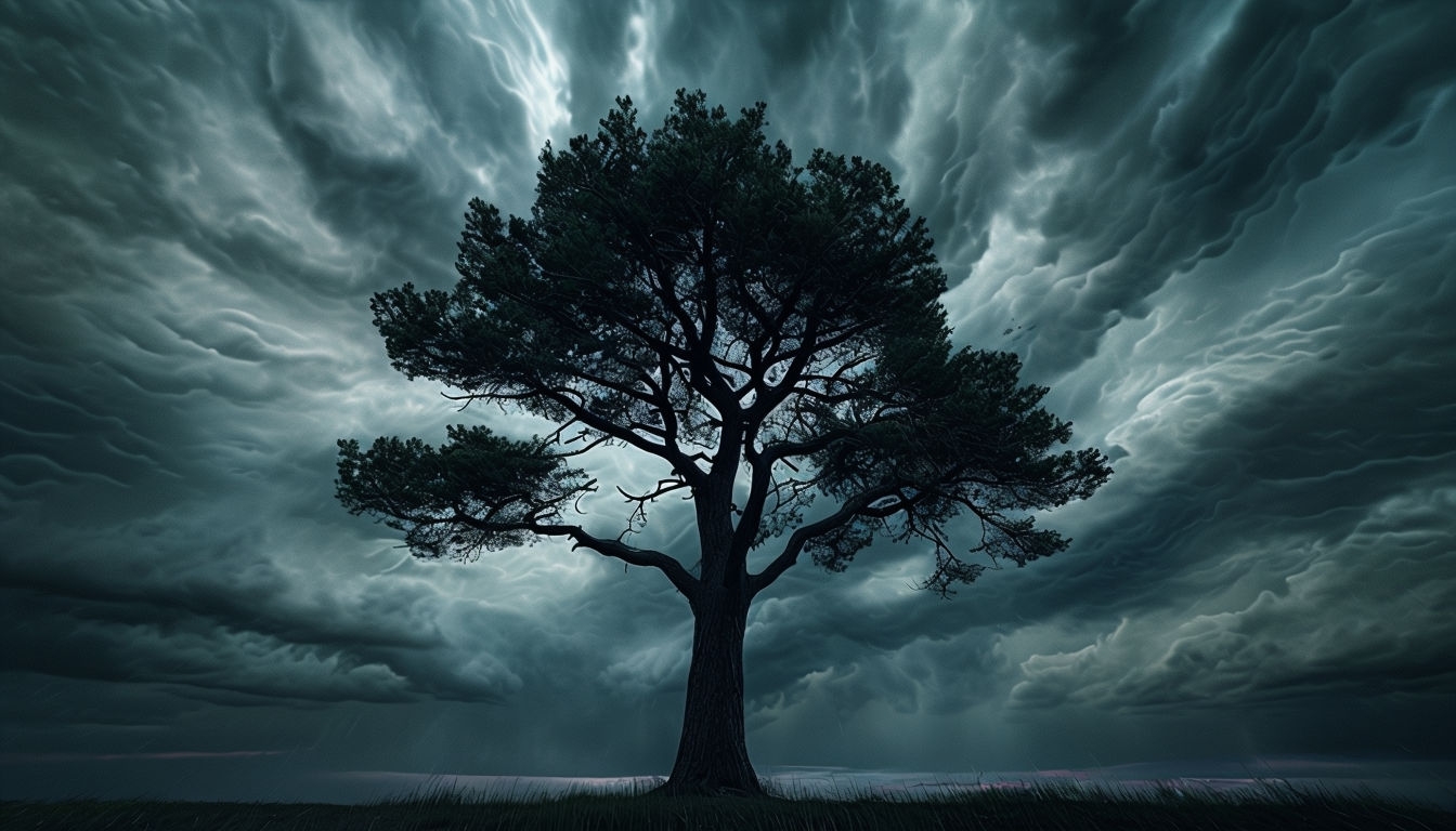 Majestic Silhouette Tree Against Dramatic Stormy Sky Background