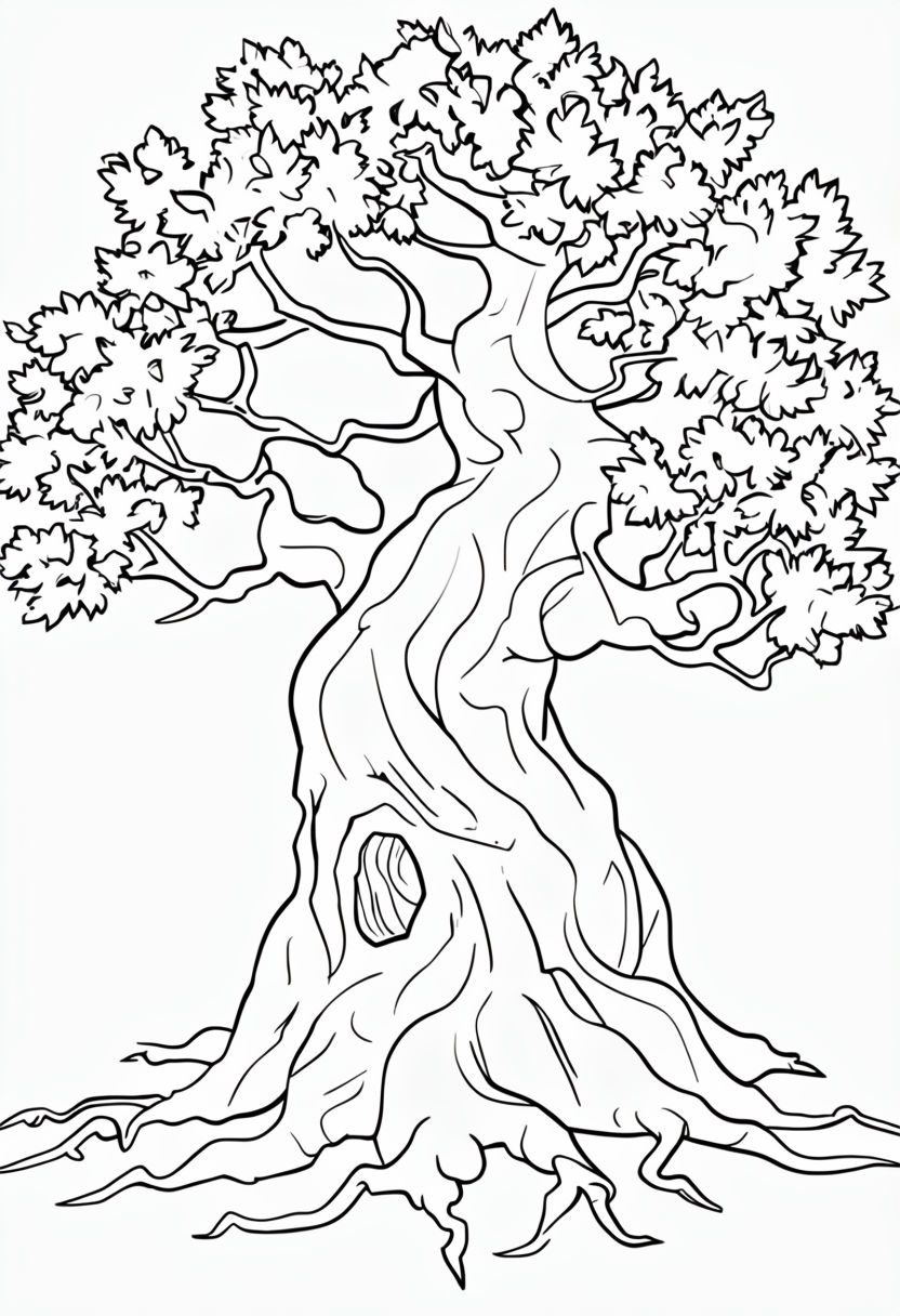 Gnarled Ancient Tree Line Drawing for Creative Coloring Book Pages