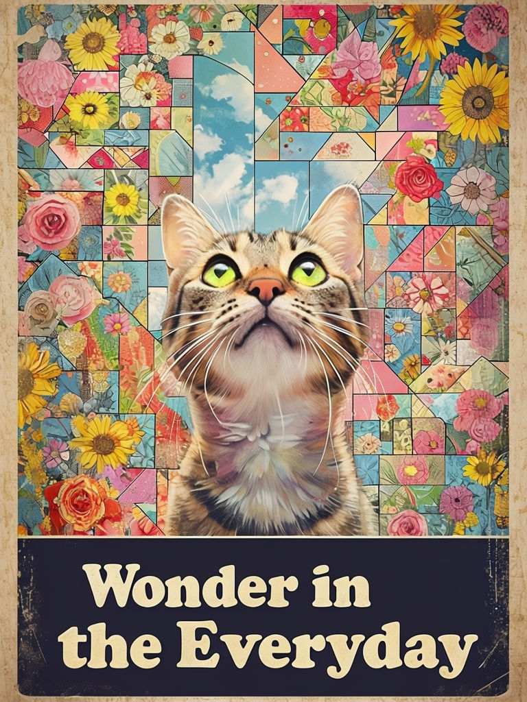 Curious Tabby Cat with Floral Patchwork Wonder Poster