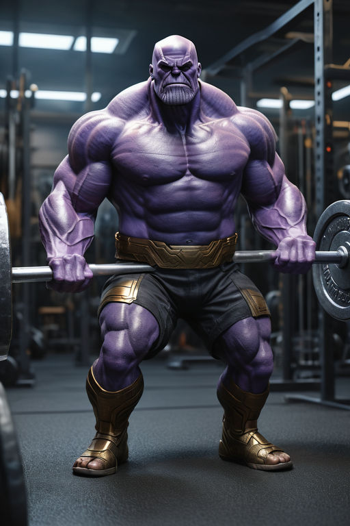 Create a realistic image of Thanos doing squats with heavy w... by ...