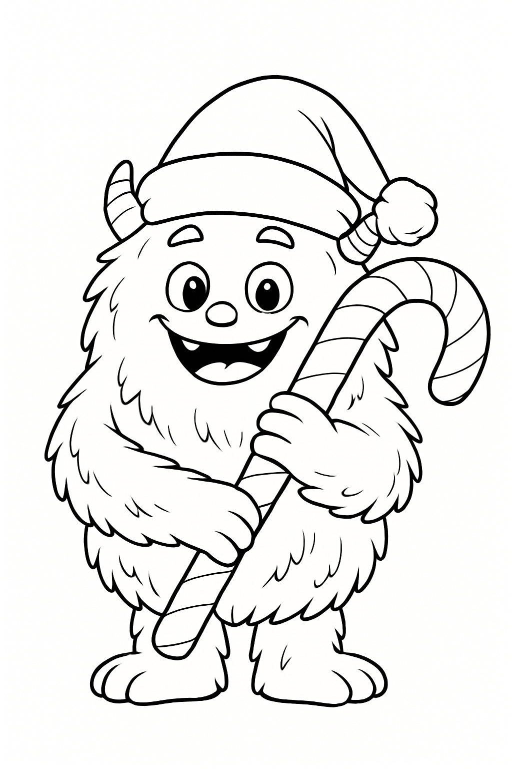 Cheerful Cartoon Monster with Candy Cane Christmas Coloring Page