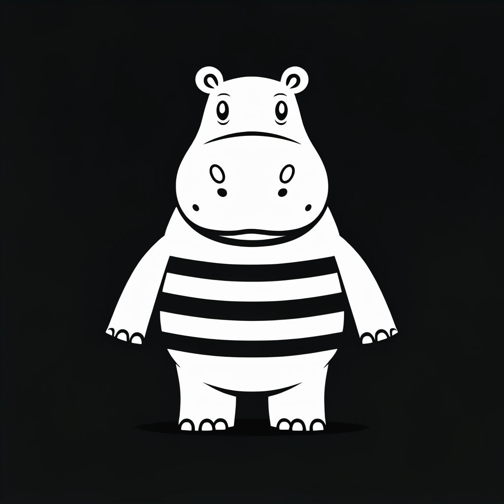 Minimalist Cartoon Hippo Illustration on Black Background Art