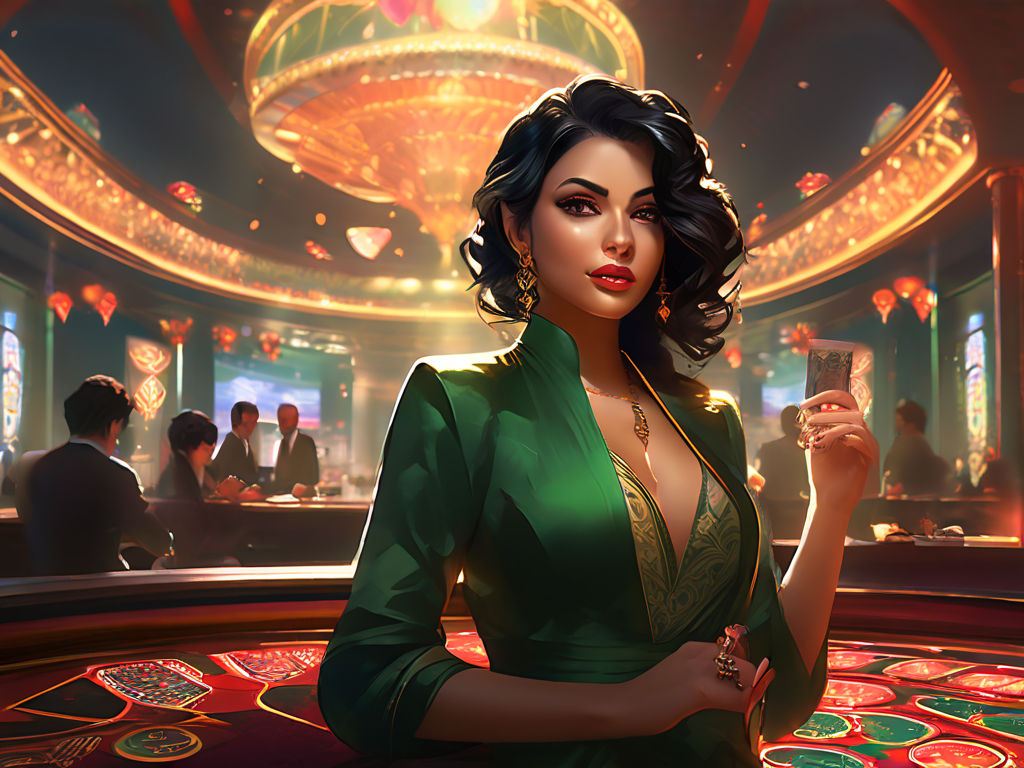 middle eastern  Women、black hair、casino　dealer、lipstick, green theme, green clothes, unreal engine, greg rutkowski, loish, rhads, beeple, makoto shinkai and lois van baarle, ilya kuvshinov, rossdraws, tom bagshaw, alphonse mucha, global illumination, detailed and intricate environment