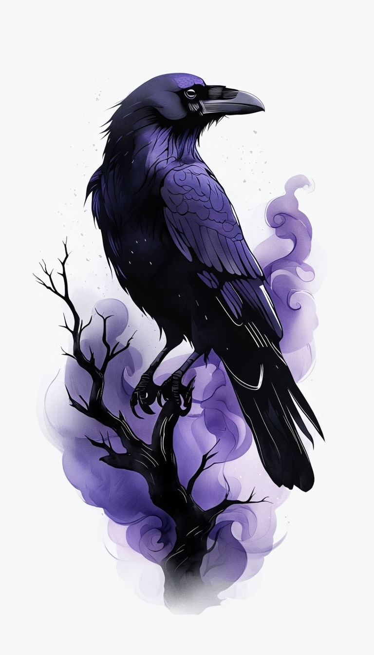 Elegant Raven on Barren Branch with Ethereal Violet Clouds Mobile Wallpaper