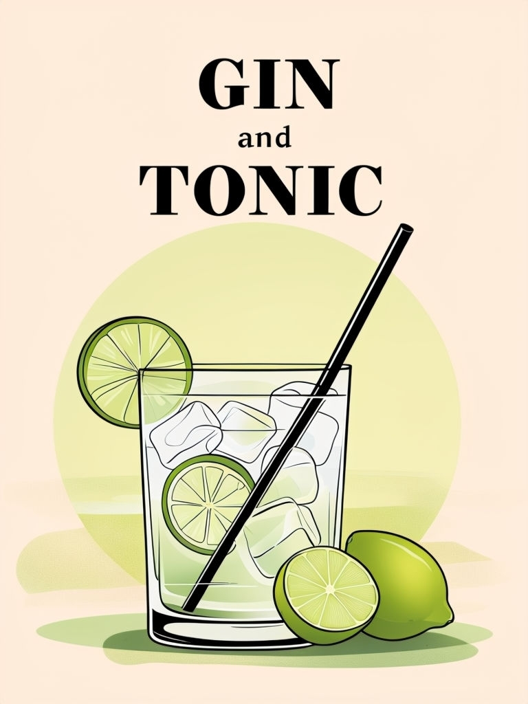 Minimalist Gin and Tonic Cocktail Illustration Poster