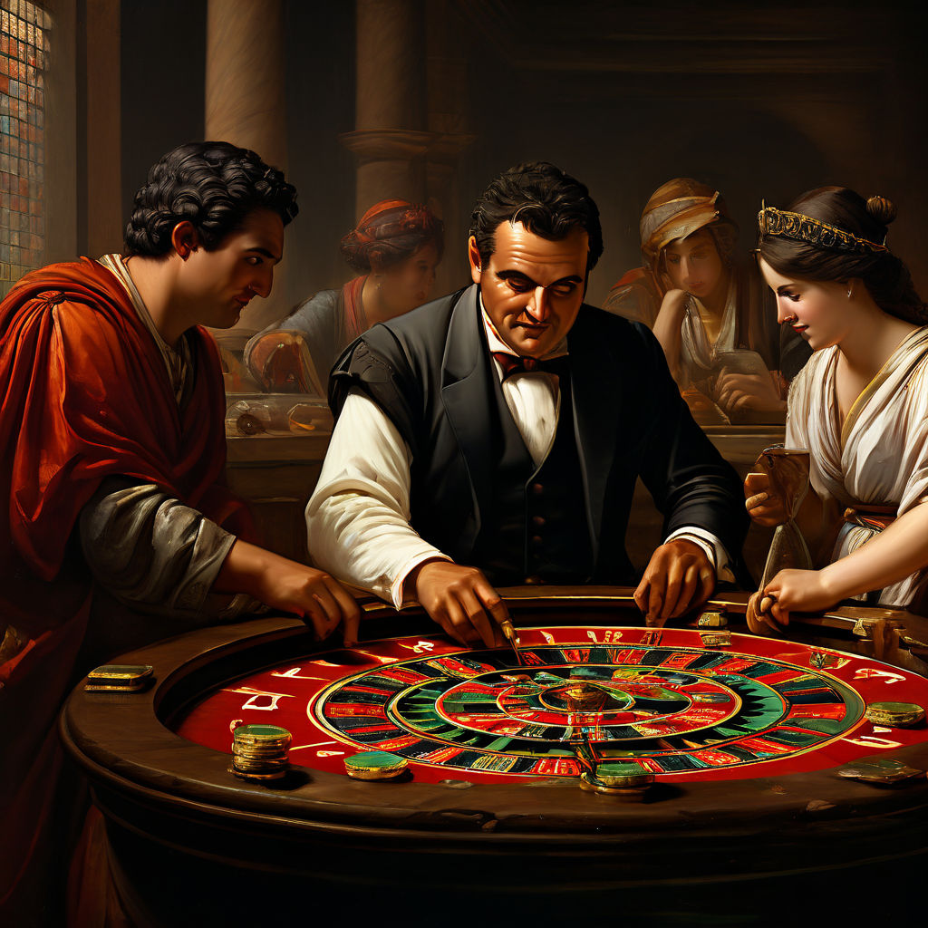 an old roman painting of business person playing roulette