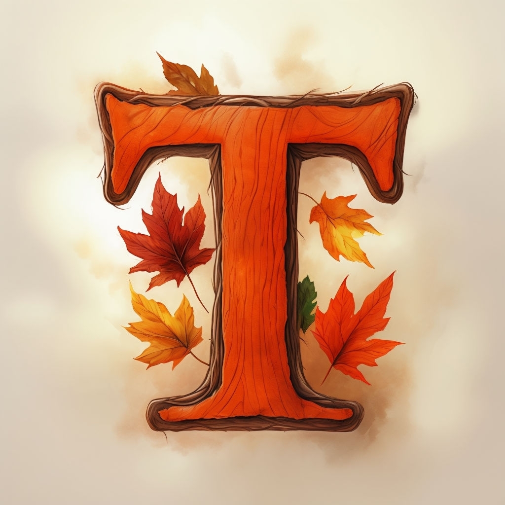 Thanksgiving Themed Monogram T with Autumn Leaves Design Art