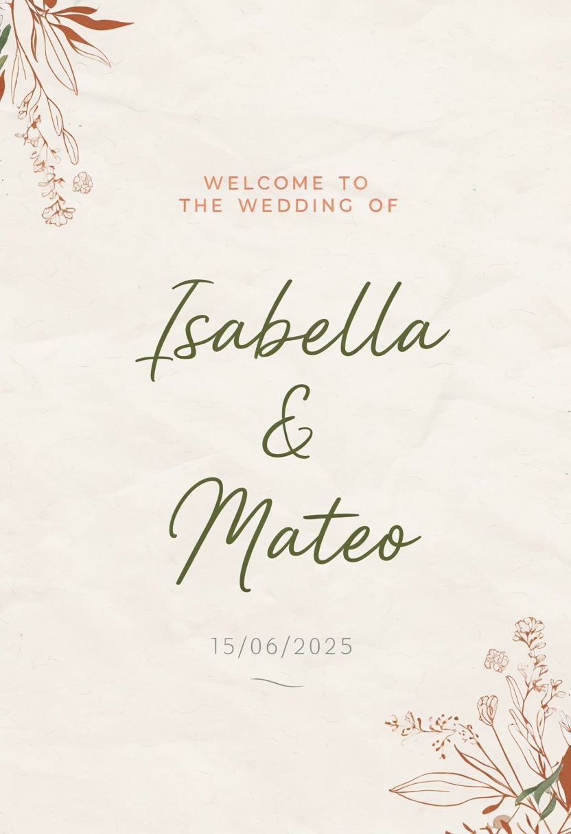 Elegant Summer Wedding Welcome Sign with Botanical Illustrations Event Sign