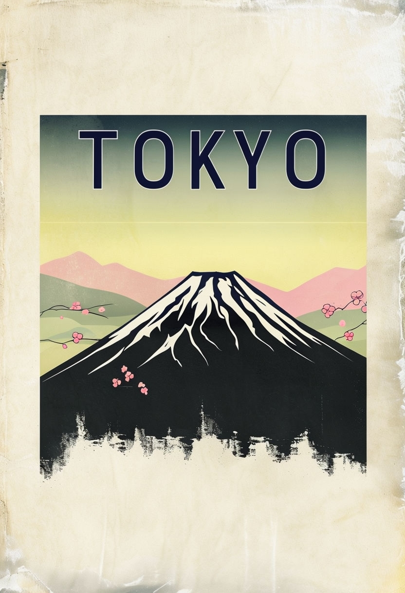 Stylized Mount Fuji Tokyo Graphic Art T-Shirt