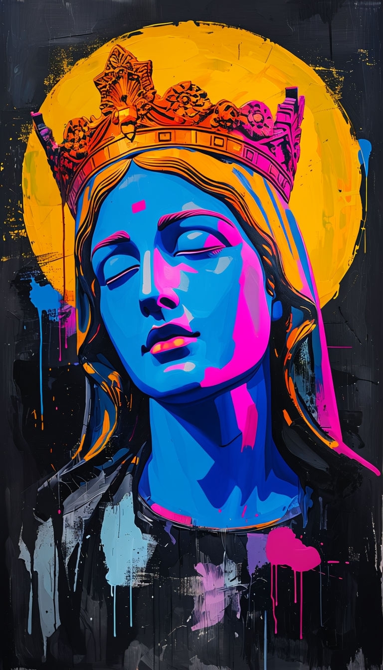 Vibrant Modern Virgin Mary Bust Painting with Electric Colors Mobile Wallpaper