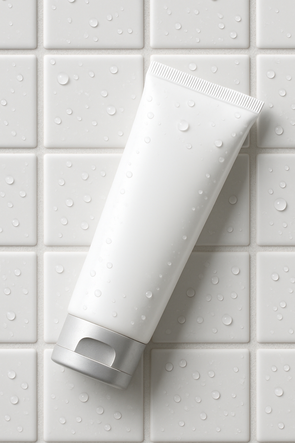 Sleek White Cosmetic Tube Mockup on Modern Tile Surface