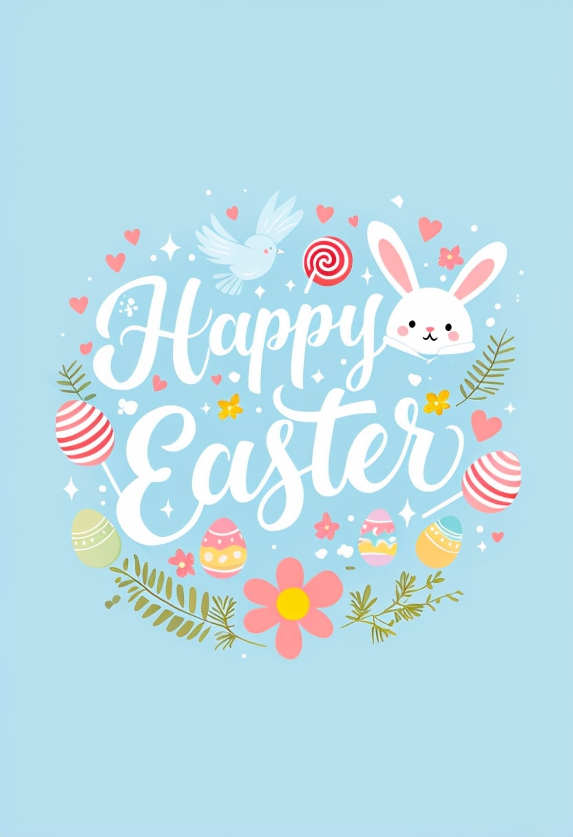 Whimsical Happy Easter Greeting Card Design with Bunny and Eggs Cards & Invites