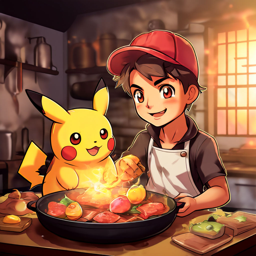 Pikachu cooking a chicken