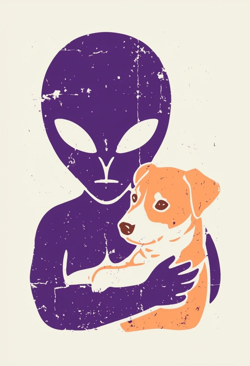 Retro Alien and Dog Distressed Graphic T-Shirt