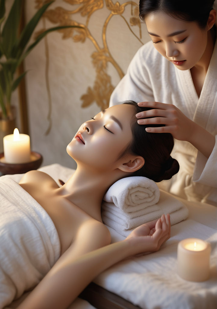 Korean woman in her 20s, posture relaxed, eyes gently closed, basking in the rejuvenation process of a facial treatment, nestled comfortably on plush Oriental-themed spa bedding, ambient lighting casting serene shadows around her, surroundings adorned with ornate decor reflecting Asian aesthetics, ultra fine, UHD drawing, golden ratio, digital painting.
