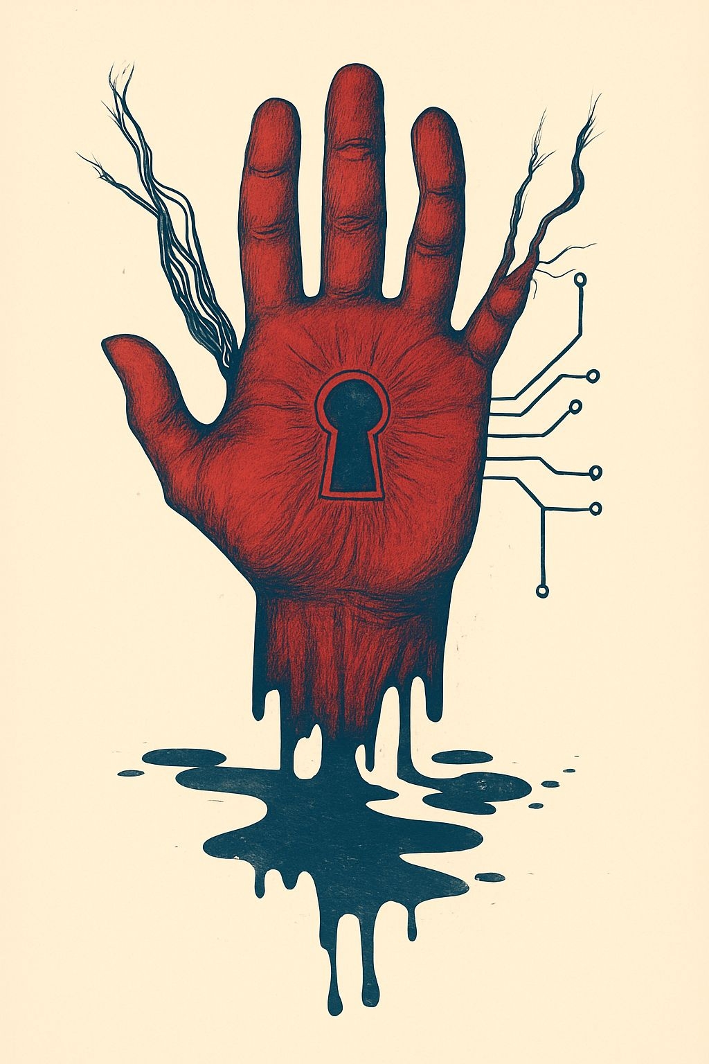 Surreal Red Hand with Keyhole and Roots T-Shirt