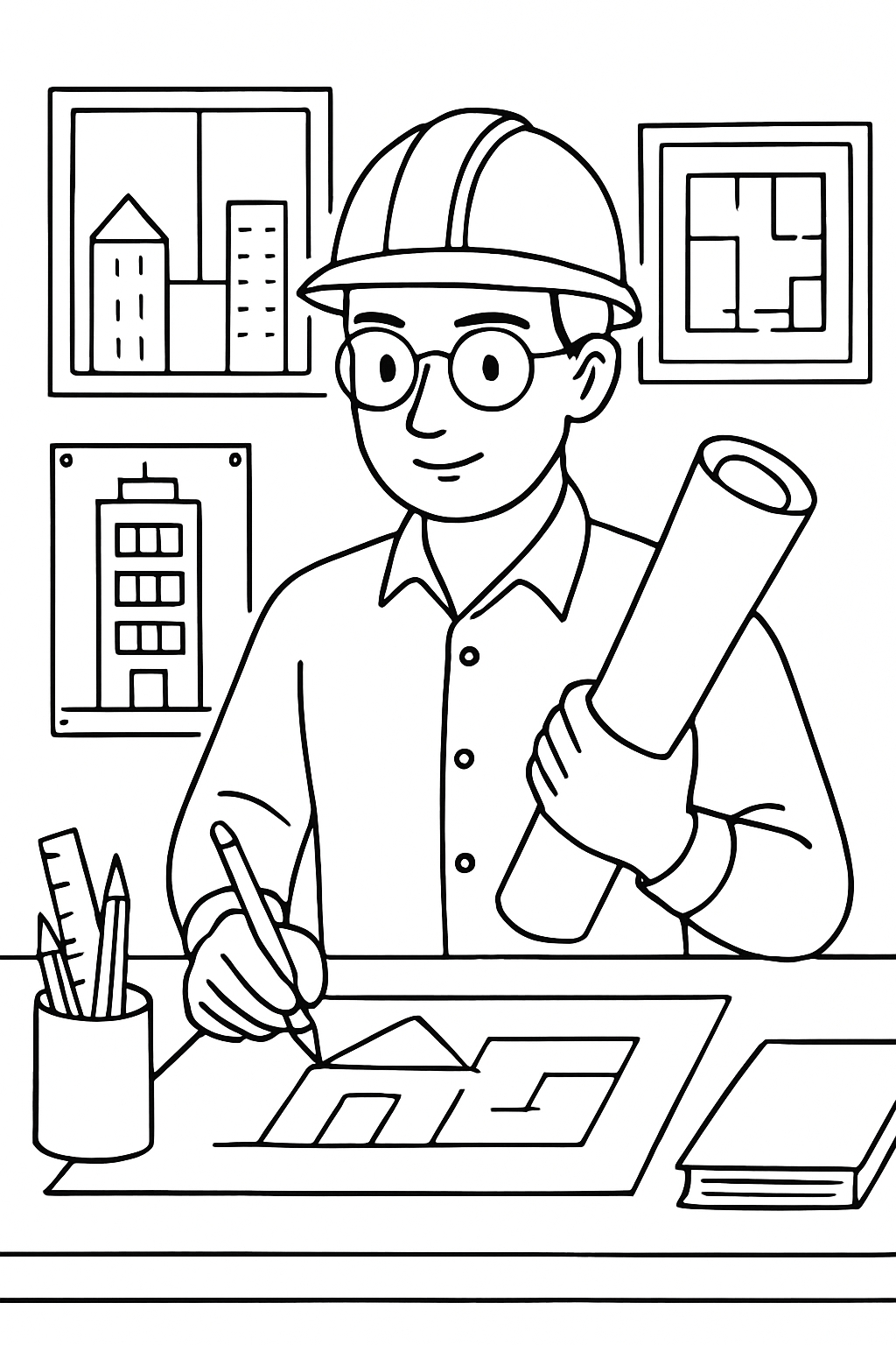 Architect at Work Line Drawing in Professional Office Setting Coloring Book Pages