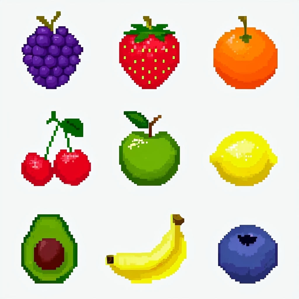 Colorful Pixel Art Fruit Pattern for Seamless Background Design