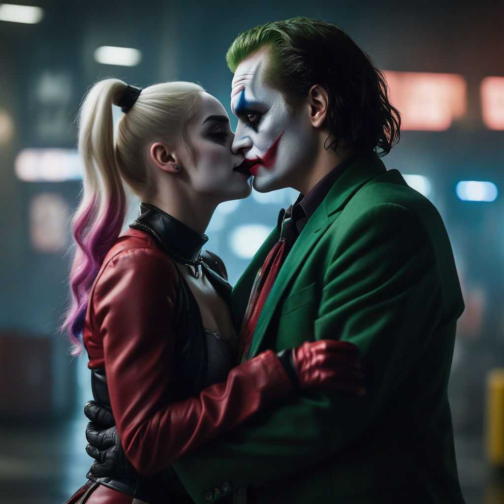 Heath Ledger as Joker sitting and Harley Quinn standing and kissing him on  the head