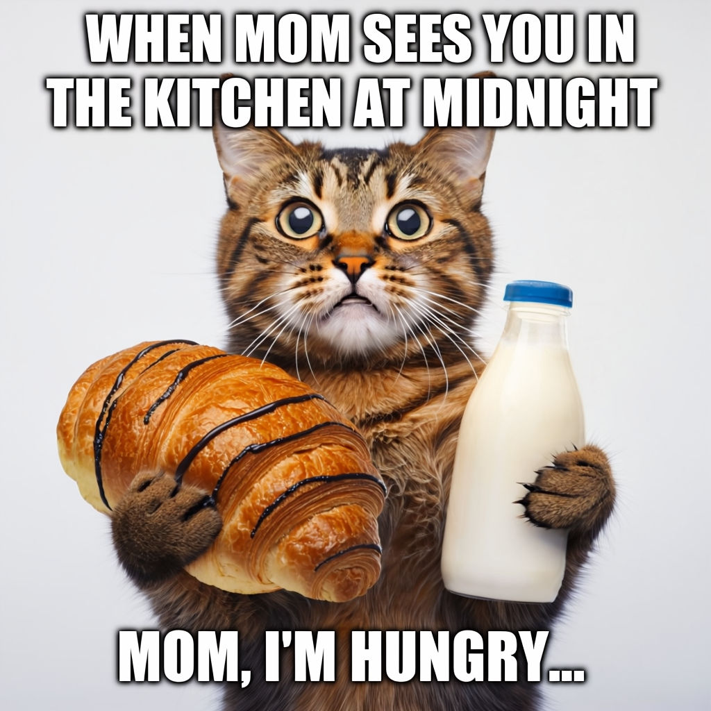 Playful Midnight Snack Cat Meme with Croissant and Milk