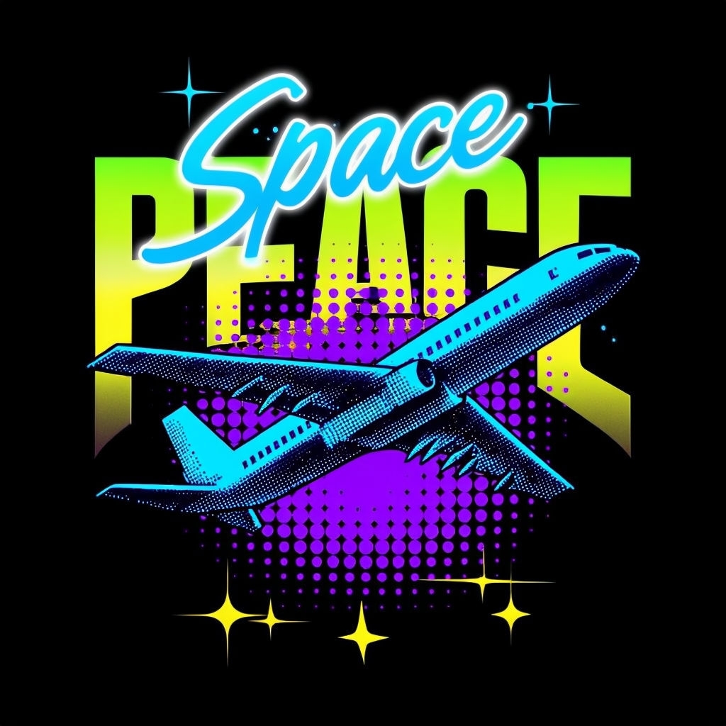 Vibrant Neon Airplane "Space Loves" Design T-Shirt