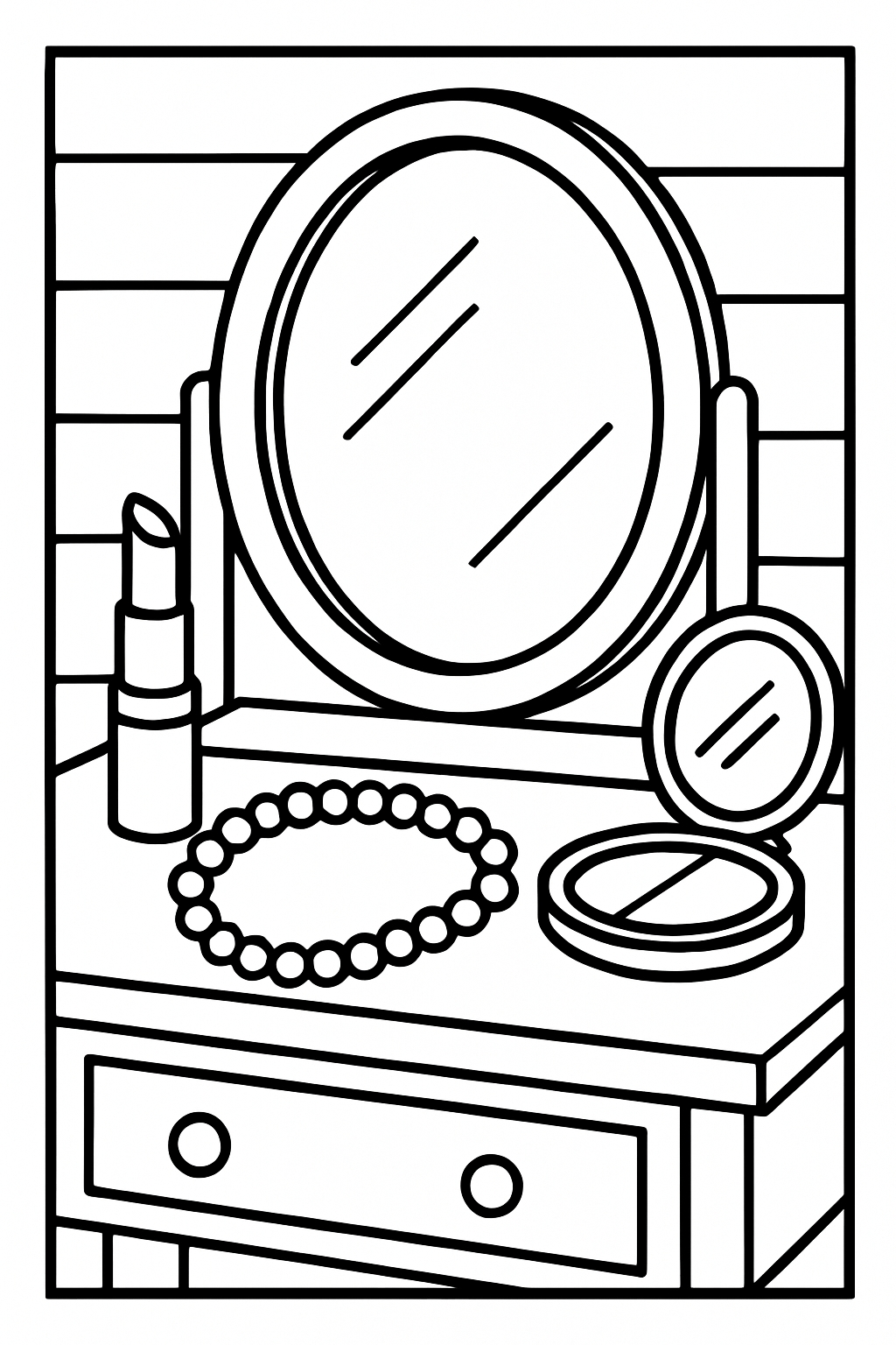 Elegant Vanity Table Scene in Black and White Line Art Coloring Book Pages
